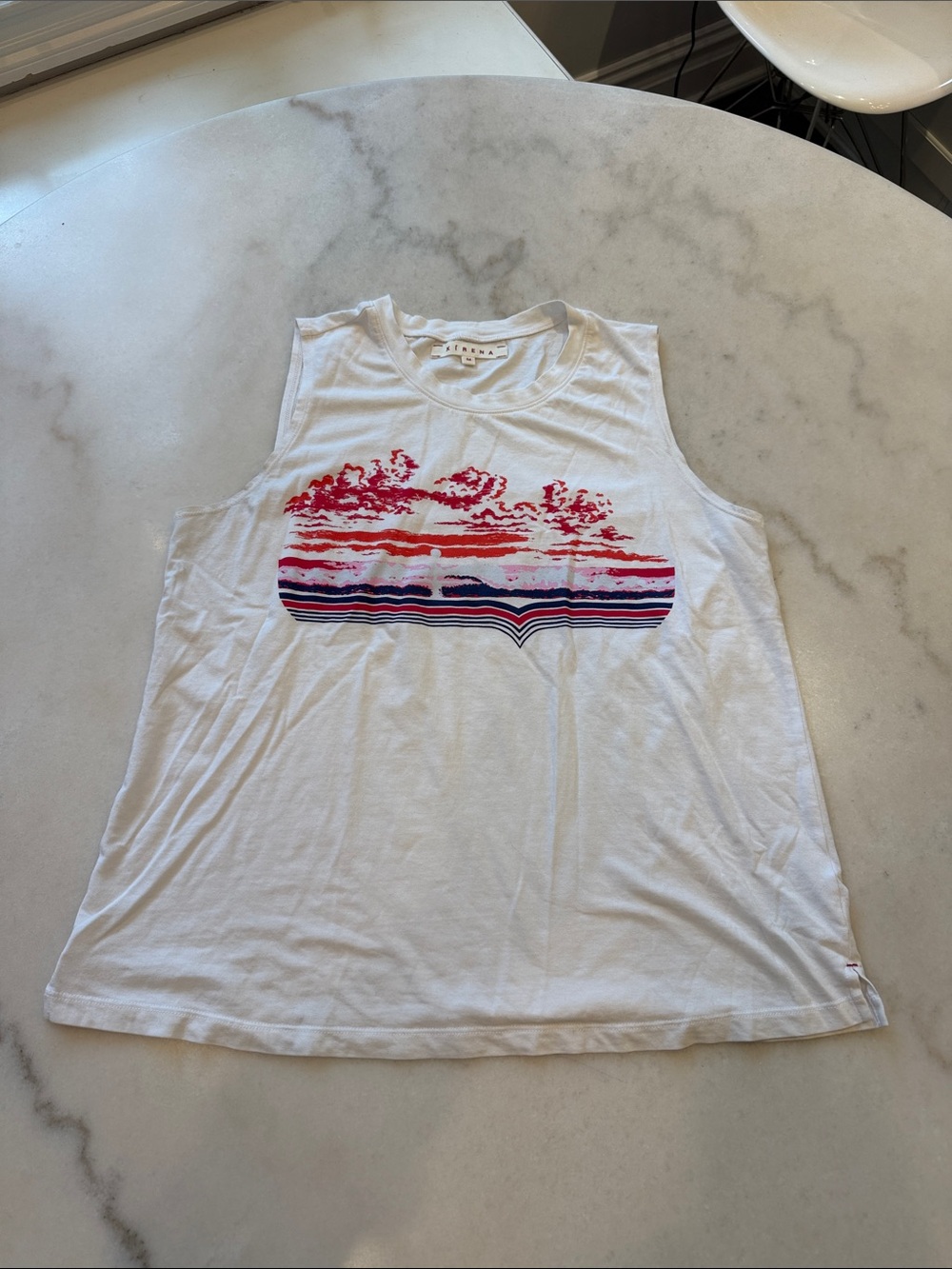 XiRENA White Muscle Tee with Pink & Navy Sunset Graphic